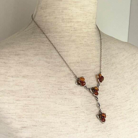 Sterling Silver 925 Multi Color Baltic Amber Flower Floral Y Necklace 16" -17.5" - Picture 3 of 16